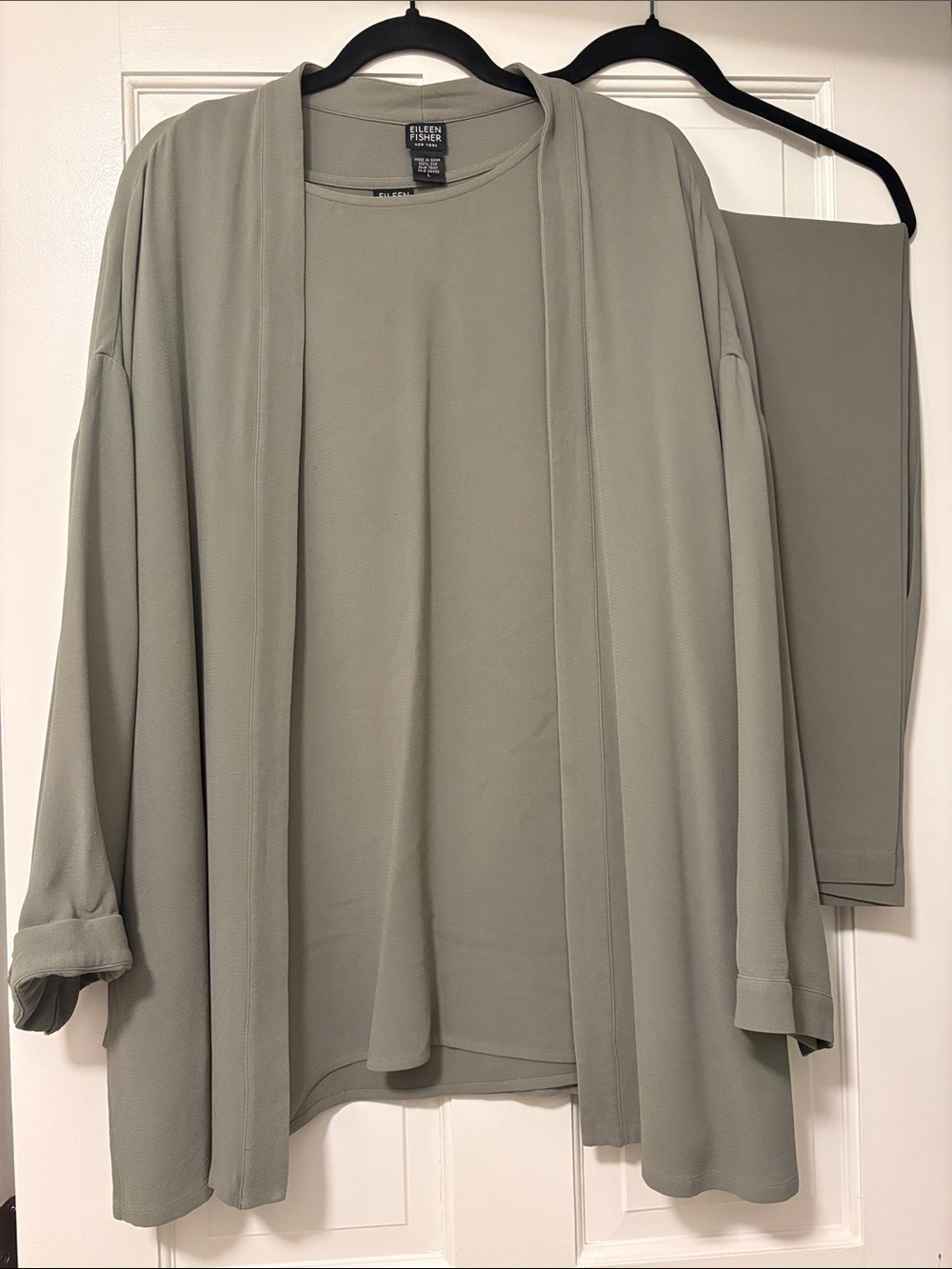 Eileen Fisher 100% Silk Soft Sage Green Open Cardigan with Matching Top & Pants